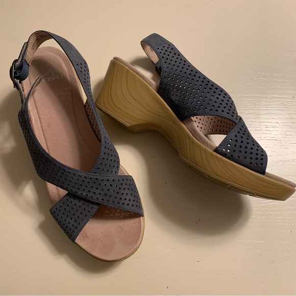 Dansko Blue Wedge Sandals with Cross-Strap Design - Picture 2 of 9